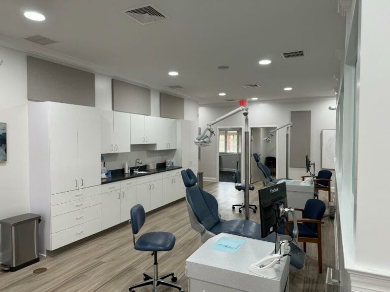 View of an office interior with charis and cabinets